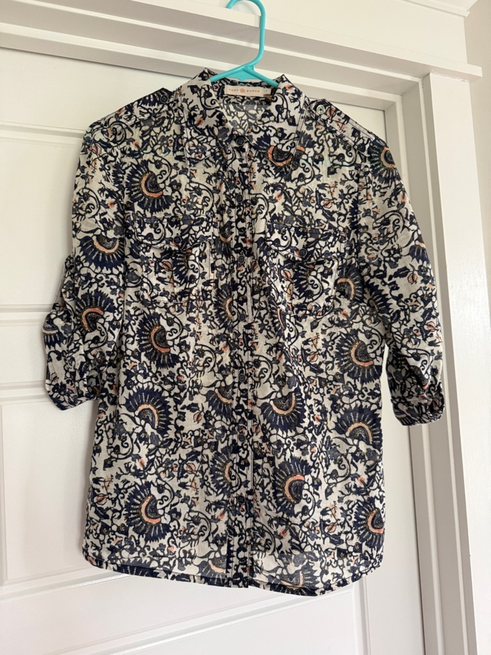 Tory Burch Navy and Cream Floral Print Blouse